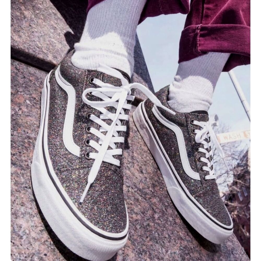 Metallic Charcoal Vans Old Skool Glitter Sparkle Low Tops - Women’s 7.5